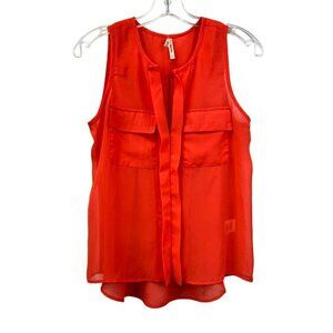 Truth NYC Womens Sleeveless Sheer Hi Low Blouse Orange Front Pockets Small